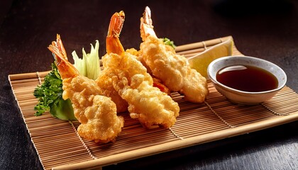 A platter of golden, crispy tempura with shrimp, vegetables, and a side of soy dipping sauce, served on a bamboo tray