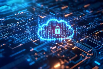 Digital cloud with a lock symbol, representing cybersecurity and data protection.