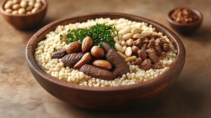 Delicious Couscous Bowl Topped With Meat Almonds And Parsley
