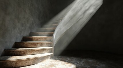 Naklejka premium Stone spiral staircase, sunlit, dark room.