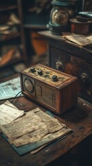 A vintage radio sits on a cluttered table surrounded by old papers and documents.