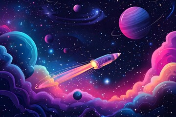Explore the wonders of space with a detailed illustration of a rocket and celestial bodies, perfect for science and education. illustration, science, design, mosque, travel, child, star, sky, 