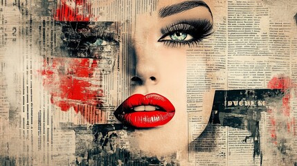 A striking woman with piercing green eyes and vivid red lips surrounded by vintage newspaper collage art, showcasing a blend of beauty and urban style.