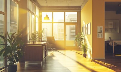 Fototapeta premium Sunlit modern office, plants, wooden floors.