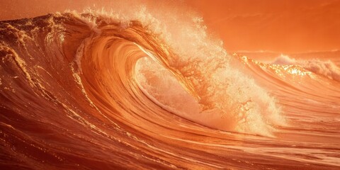 Fototapeta premium A Golden Wave Breaks in a Dramatic Sunset, Showing the Power and Beauty of Nature
