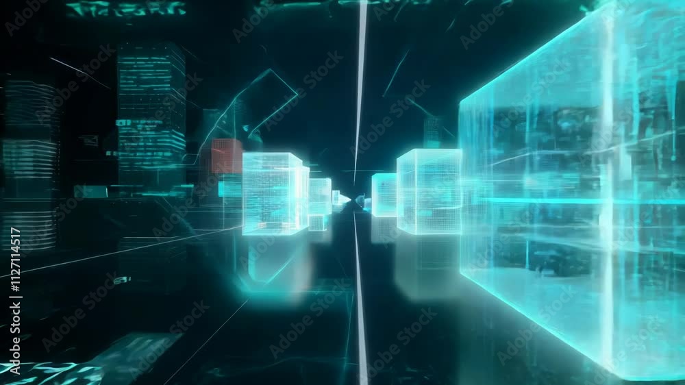 Poster virtual data center corridor with cloud servers providing compute power