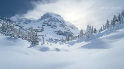Fototapeta premium A serene winter landscape featuring snow-covered mountains and trees under a cloudy sky.
