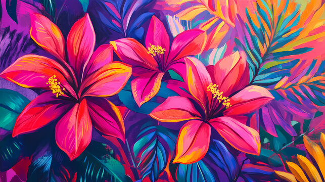 Vibrant botanical rhapsody - bold fuchsia, exotic foliage, tropical patterns, cheerful vibes. Verdure. Illustration