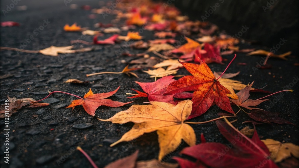 Poster fallen leaves with a red and yellow hue, scattered along a paved path, hinting at the transition to 