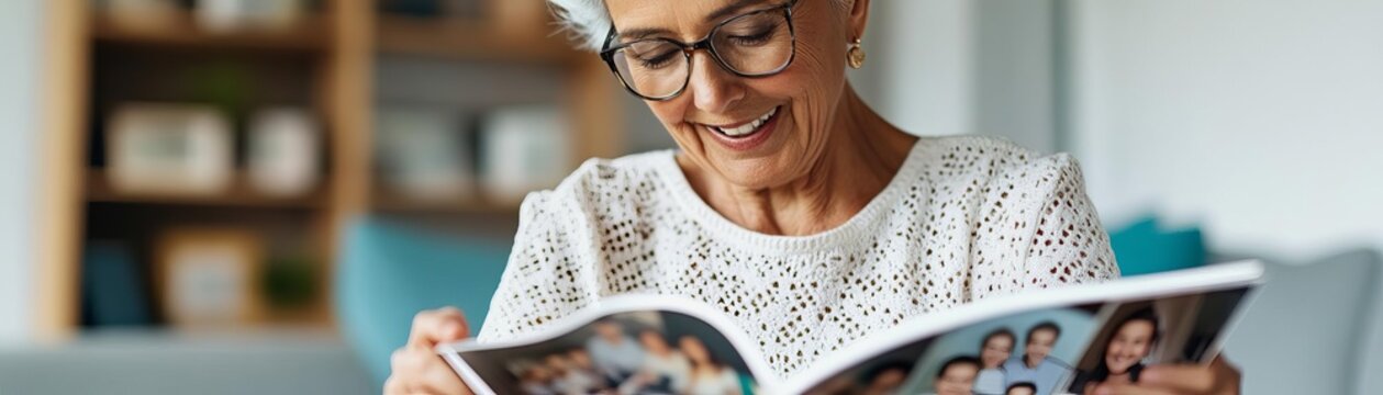 Elderly woman organizing family photos in an album, nostalgia and warmth in her expression