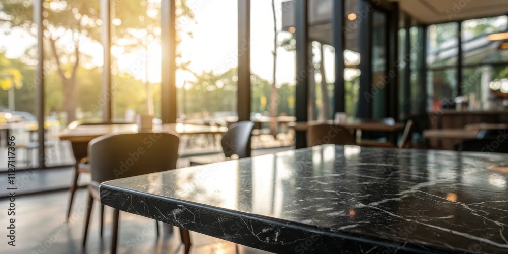 Aufkleber a sleek black marble table with a blurred background of a modern cafe with large windows and sun shi