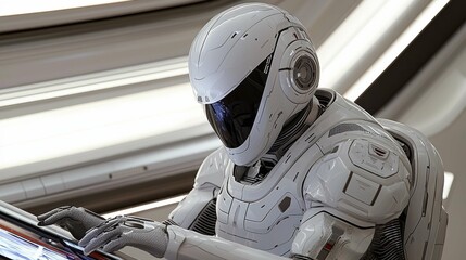 This image features a futuristic humanoid robot with a sleek, white exterior and reflective visor, set in a high-tech environment.