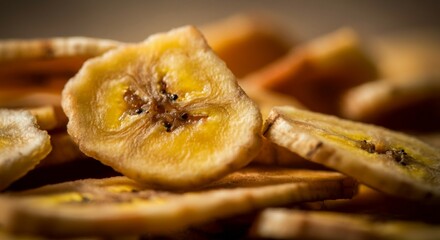 Macro Shot of Dried Banana Slices as Dry Fruit: Wrinkled Texture and Vibrant Color with Soft Bokeh Background