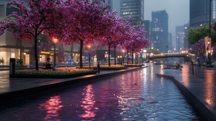 Fototapeta premium Enchanting Cityscape: Blossoms Adorn the Rainy Night