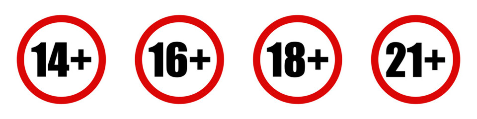 Obraz premium Set of age restriction icons. 14, 16, 18 and 21 age limit concept. Vector on isolated transparent background.