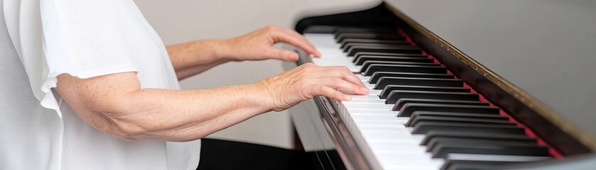 Obraz premium Elderly woman practicing the piano, her fingers gracefully moving over the keys