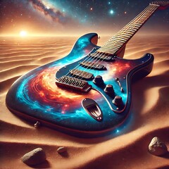 A guitar with a galaxy design on it is laying on the fentacy sand background, Guitar, music, star,...