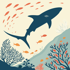 Shark Silhouette with Fish in Deep Sea Vector Illustration