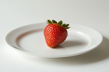 A single, ripe strawberry sits on a plain white plate, a simple yet appealing image.