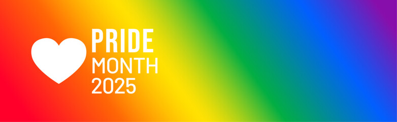 Pride Month banner with Pride Flag. LGBTQ Rainbow flag with Pride Month text. Love is Love 2025