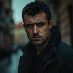 Fototapeta premium A crime syndicate enforcer in his 30s, an unemployed European man in his 30s, has dark brown hair and an appearance that makes him appear dangerous and menacing while standing on streets of Budapest 