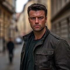 Obraz premium European man in his 30s. He's an enforcer for a crime syndicate. Dark brown hair. Scruffy looking. Looks dangerous. Looks menacing. Standing in the streets of Budapest. Day time. He looks intimidating