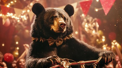 Black bear on bicycle at festive party with lights