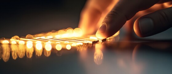 A close-up of a hand interacting with a glowing touchscreen, highlighting technology and digital interface in a modern setting.