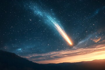 A beautiful sight of a comet with a large, bright, long tail falling over a distant mountain at sunrise in a dark night sky with twinkling stars.