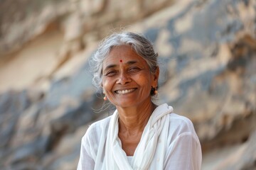 Portrait of a smiling indian woman in her 60s wearing a classic white shirt isolated on rocky cliff background