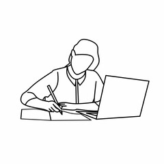 Minimalist line art of a person writing with a pen and working on a laptop. Modern, versatile design ideal for productivity, education, or business themes