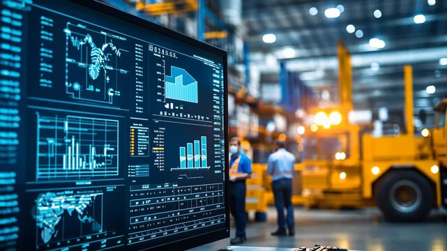 Computer showing production statistics in modern factory with engineers working