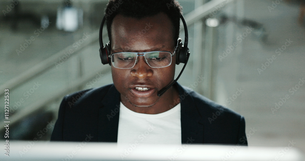 Poster call center, communication and consulting with black man in support office for customer service. con
