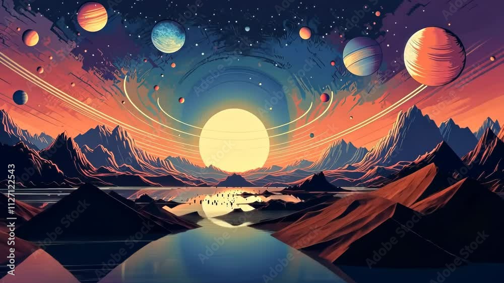 Poster alien planet landscape with mountains and moon over horizon in retro style