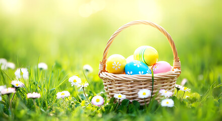 Fototapeta premium Easter Eggs in Wicker Basket with Daisies on Spring Meadow