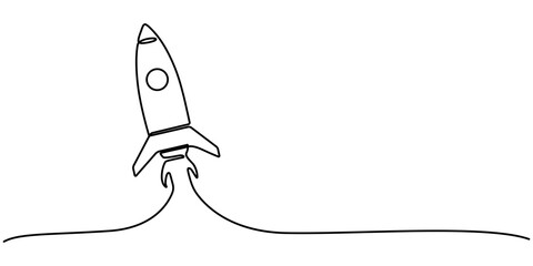 Continuous Line Drawing of Spaceship Icon. Hand Drawn Symbol Vector Illustration, Continuous one line drawing of rocket ship launch. One line drawing illustration of rocket. Space ship concept. 