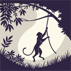 Monkey Silhouette on Tree Branch with Moon Background Vector