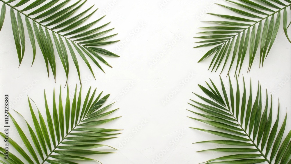 Poster A simple arrangement of palm leaves on a white background, creating a frame for your message.