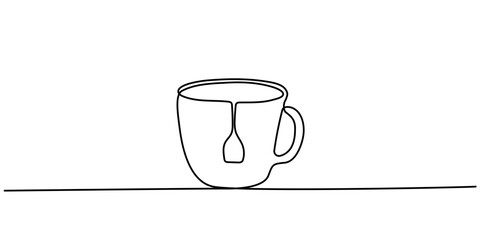 Continuous Line Drawing of Herbal Tea Icon. Hand Drawn Symbol Vector Illustration, Vector illustration of Green teacup sticker with yellow stripe for beverage branding, Cup of tea, or coffee.