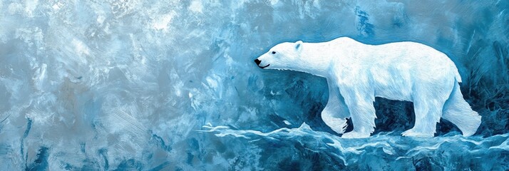 Fototapeta premium A serene icy background featuring textured frost patterns with a subtle, majestic polar bear silhouette walking gracefully