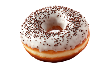 a donut with white frosting and sprinkles