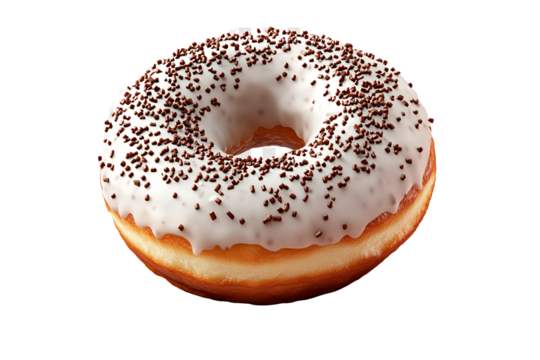 a donut with white frosting and sprinkles