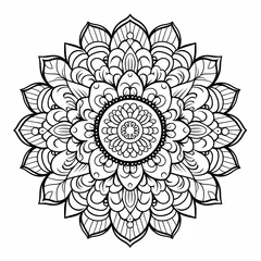 Fototapete Rund Detailed black and white mandala floral coloring page with symmetrical patterns © Vitalo4ok