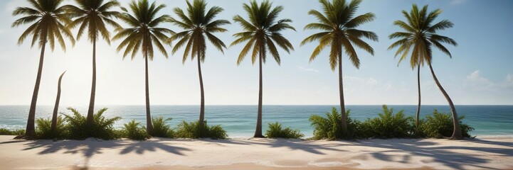 A row of tall tropical palm trees standing along the shore, beachfront, beach trees