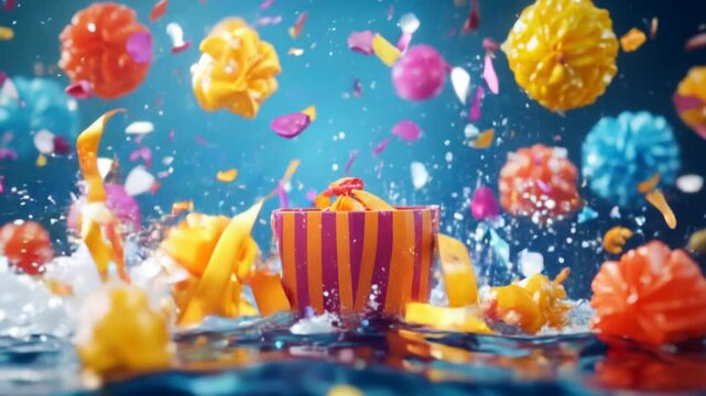 Vibrant gift box exploding with colorful decorations and splashes of water. Festive and dynamic celebration concept full of joy and energy.
