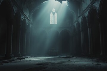 Ruined hall, light through damaged window, dust motes.