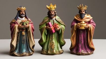 Figurines of three wise kings in colorful robes and crowns