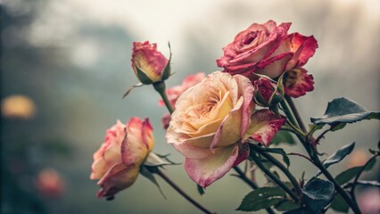 A bouquet of delicate roses with soft pink and yellow petals,  blooming with a backdrop of soft blur,  evoking a sense of beauty and tranquility.