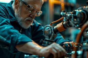 Expert engineer working meticulously on advanced machinery in a modern workshop.