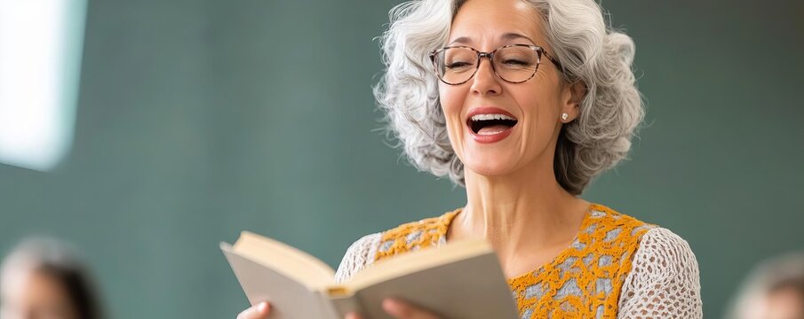 Senior woman leading a book club discussion, animated and inspiring